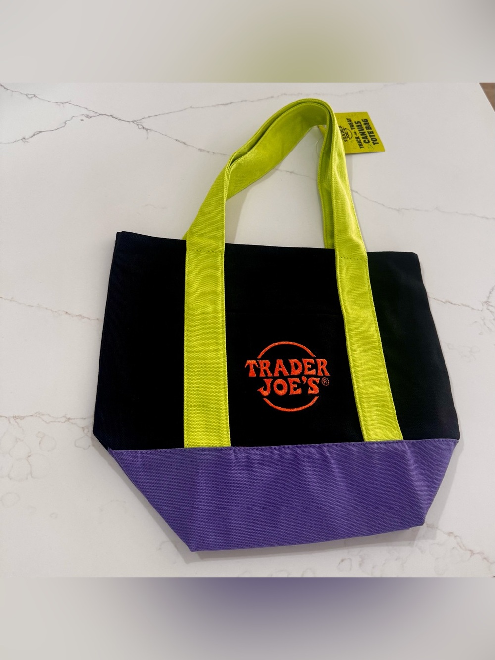 Trader Joe's Black Tote Bag with Lime Green Handles and Purple Base NWT